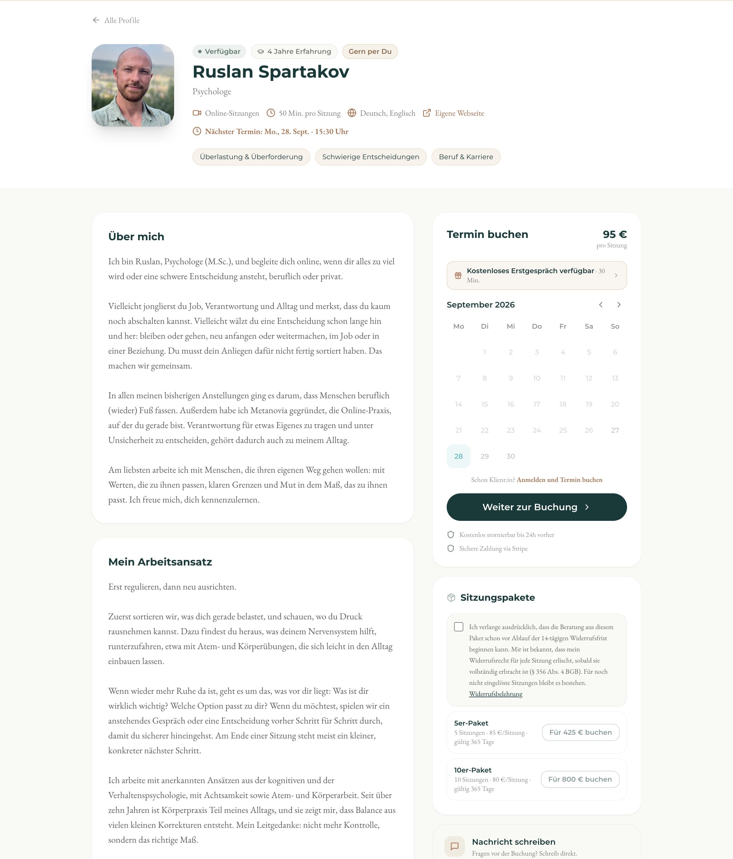 Profil- und Buchungsseite einer Psycholog:in mit Kalender und Terminbuchung